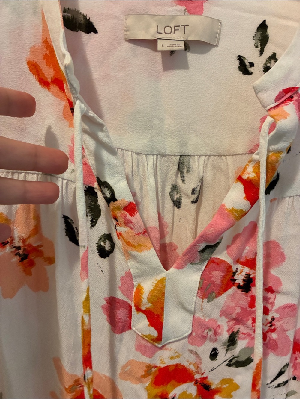 LOFT White Floral Tie-Neck Blouse with Pink, Orange & Yellow Blooms - Picture 4 of 5